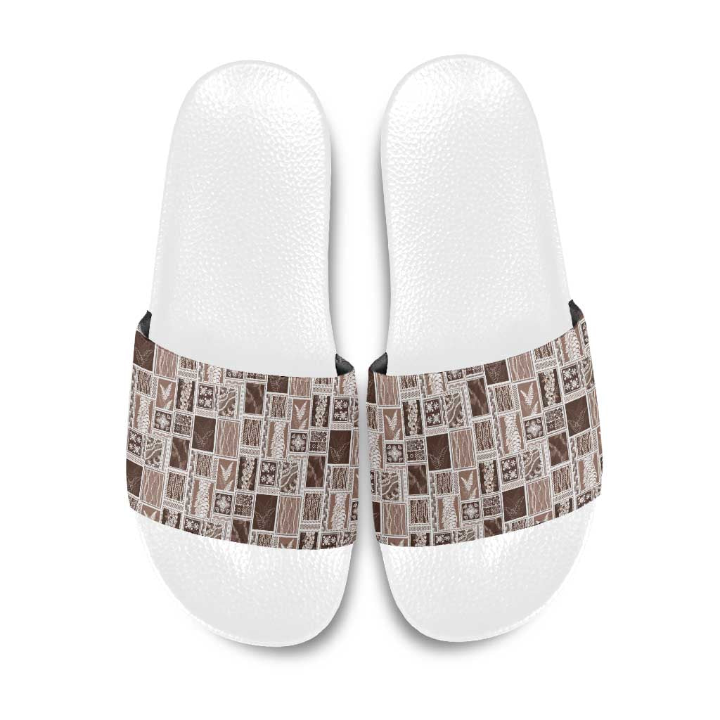 Vintage Aloha Block Quilt Slide Sandals Beige Inspired Lei Motifs - Polynesian Pride