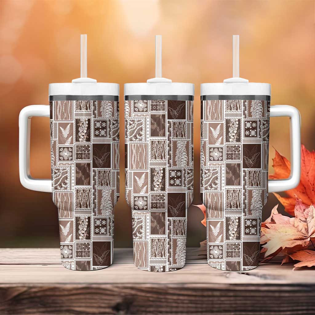 Vintage Aloha Block Quilt Tumbler With Handle Beige Inspired Lei Motifs - Polynesian Pride