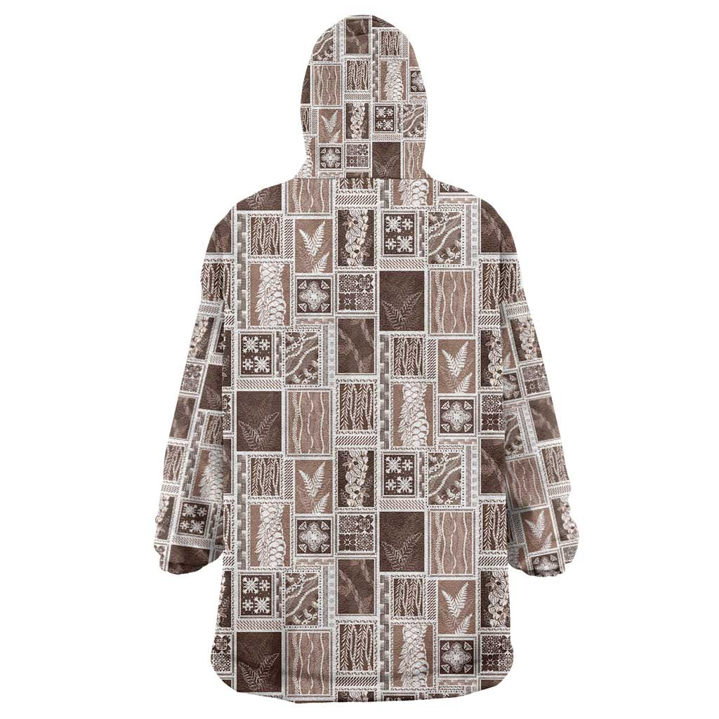 Vintage Aloha Block Quilt Wearable Blanket Hoodie Beige Inspired Lei Motifs - Polynesian Pride