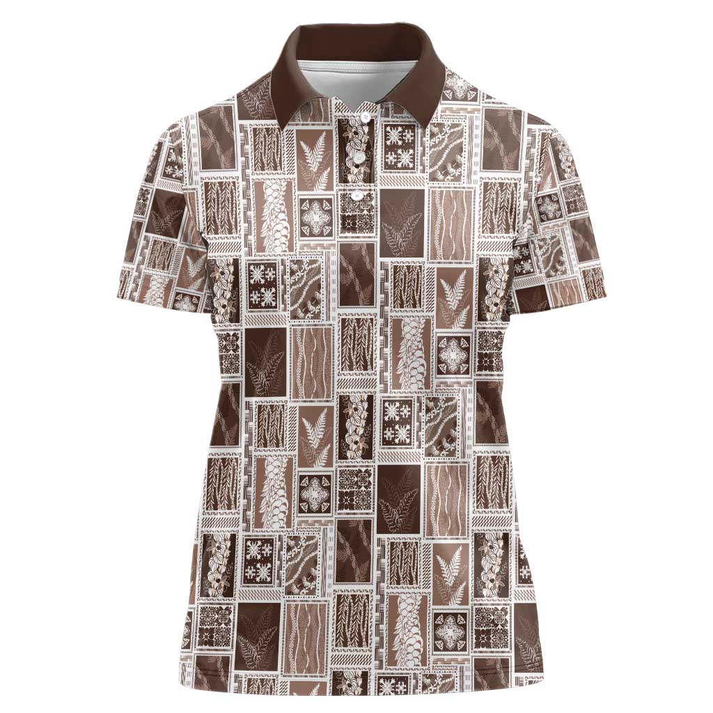 Vintage Aloha Block Quilt Women Polo Shirt Beige Inspired Lei Motifs - Polynesian Pride