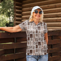 Vintage Aloha Block Quilt Women Polo Shirt Beige Inspired Lei Motifs - Polynesian Pride