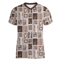 Vintage Aloha Block Quilt Women V-Neck T-Shirt Beige Inspired Lei Motifs - Polynesian Pride