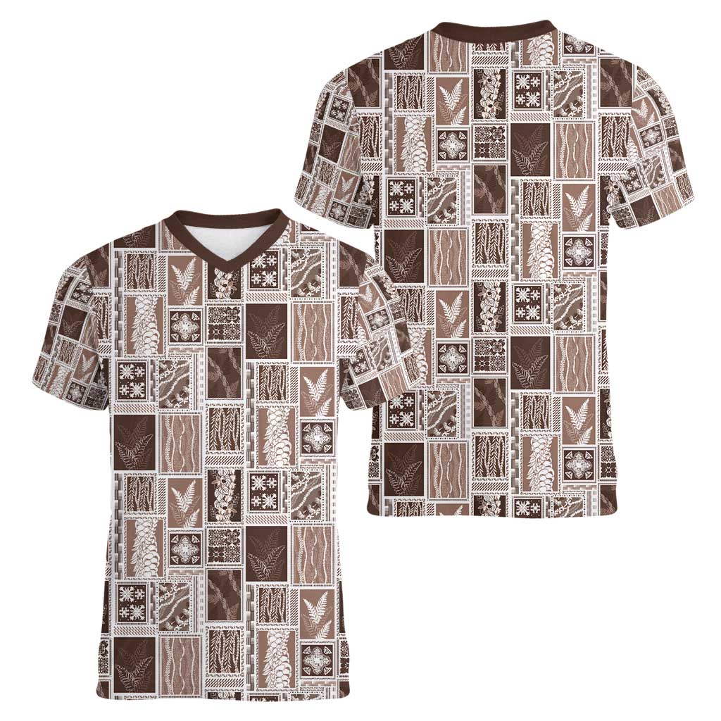 Vintage Aloha Block Quilt Women V-Neck T-Shirt Beige Inspired Lei Motifs - Polynesian Pride