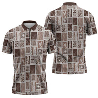 Vintage Aloha Block Quilt Zipper Polo Shirt Beige Inspired Lei Motifs - Polynesian Pride