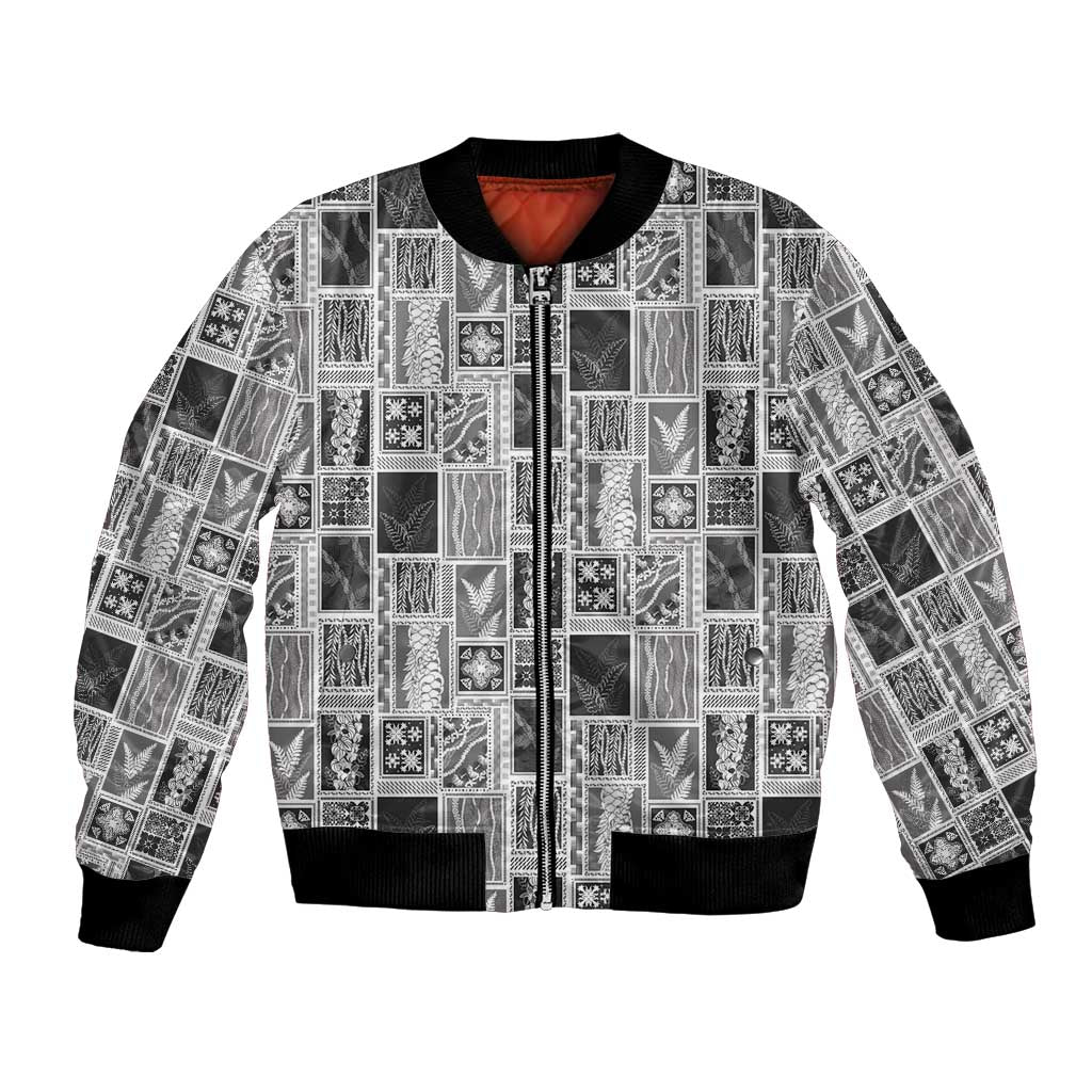 Vintage Aloha Block Quilt Bomber Jacket Black Inspired Lei Motifs - Polynesian Pride