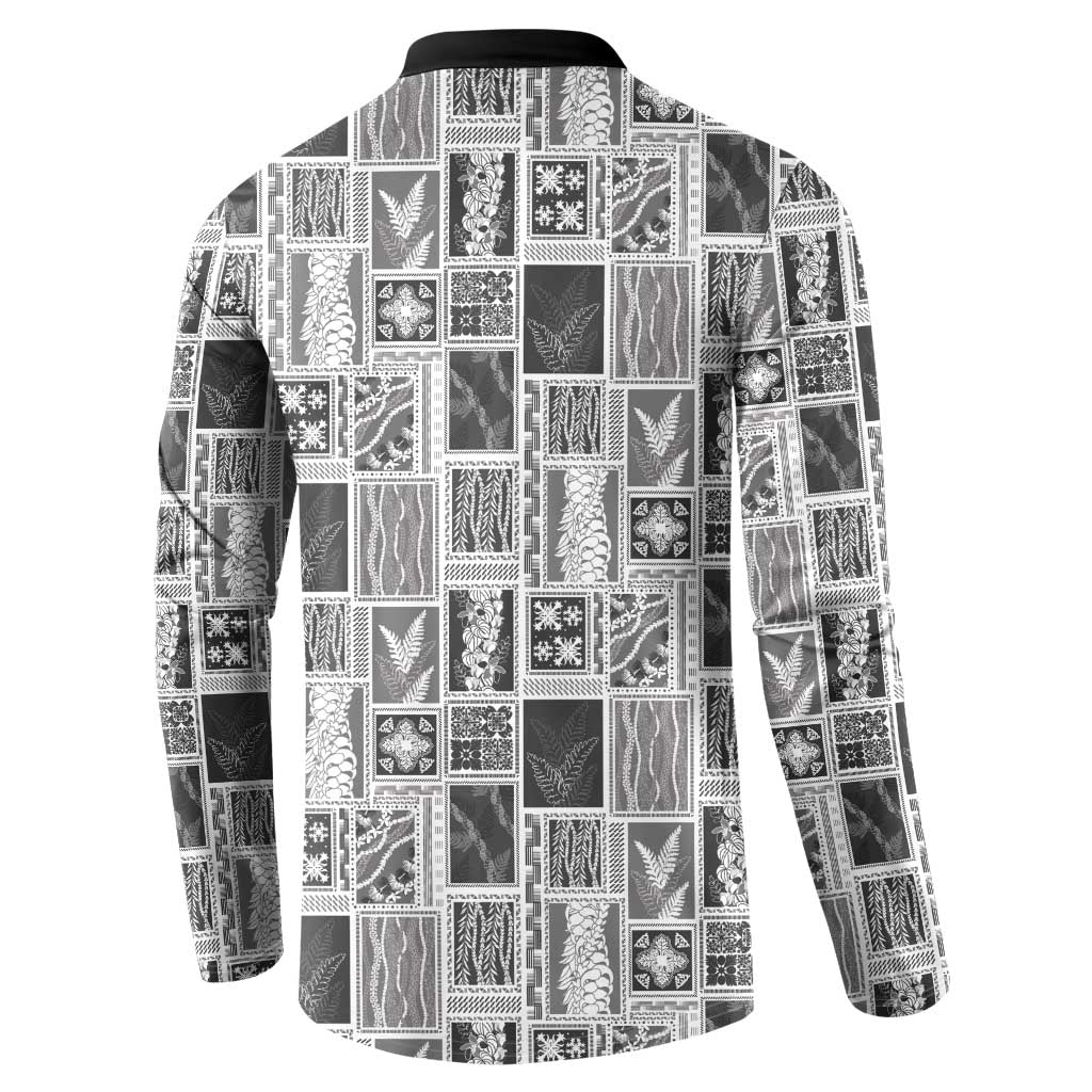 Vintage Aloha Block Quilt Button Sweatshirt Black Inspired Lei Motifs - Polynesian Pride