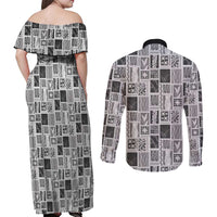 Vintage Aloha Block Quilt Couples Matching Off Shoulder Maxi Dress and Long Sleeve Button Shirt Black Inspired Lei Motifs - Polynesian Pride
