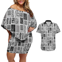 Vintage Aloha Block Quilt Couples Matching Off Shoulder Short Dress and Hawaiian Shirt Black Inspired Lei Motifs - Polynesian Pride