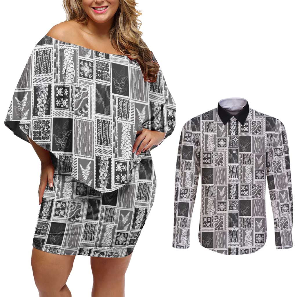 Vintage Aloha Block Quilt Couples Matching Off Shoulder Short Dress and Long Sleeve Button Shirt Black Inspired Lei Motifs - Polynesian Pride