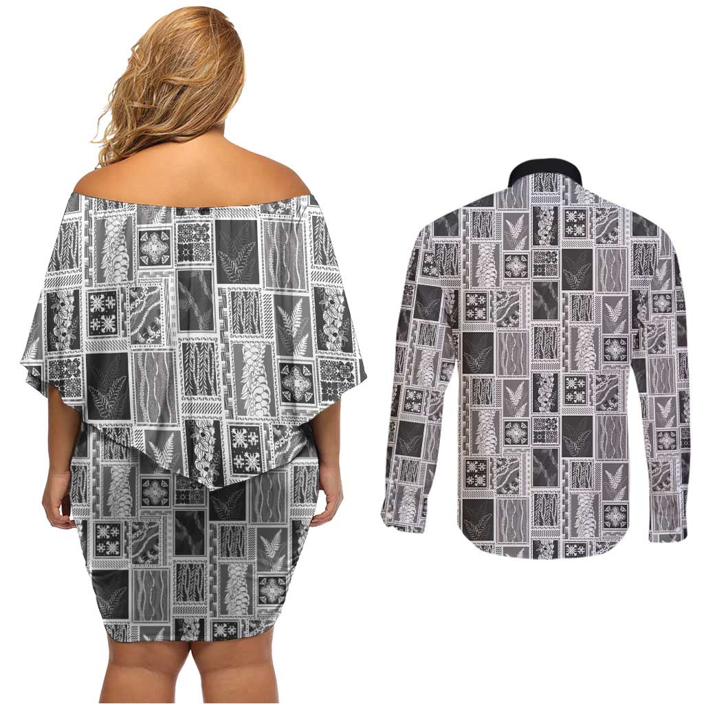Vintage Aloha Block Quilt Couples Matching Off Shoulder Short Dress and Long Sleeve Button Shirt Black Inspired Lei Motifs - Polynesian Pride