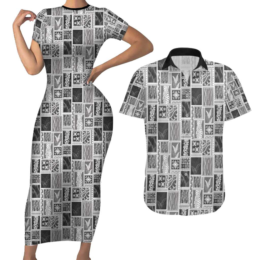 Vintage Aloha Block Quilt Couples Matching Short Sleeve Bodycon Dress and Hawaiian Shirt Black Inspired Lei Motifs - Polynesian Pride