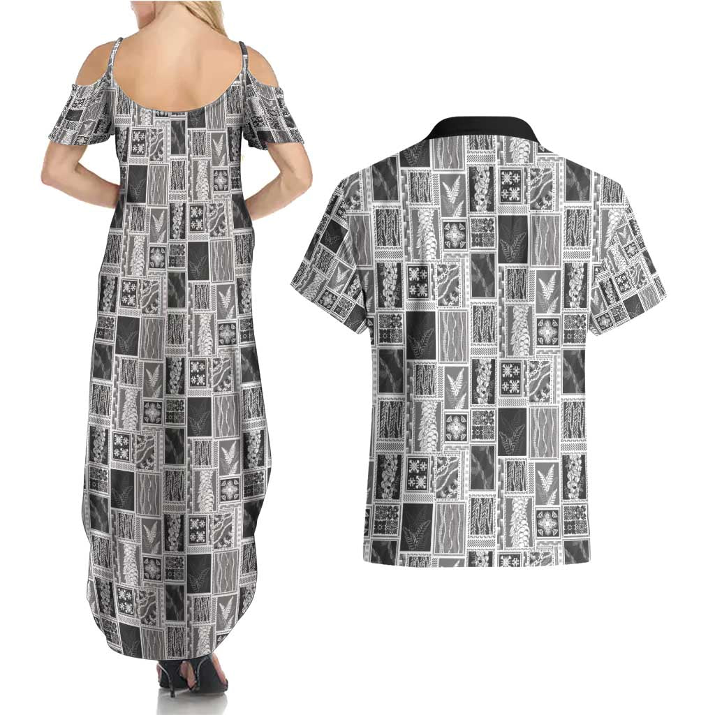 Vintage Aloha Block Quilt Couples Matching Summer Maxi Dress and Hawaiian Shirt Black Inspired Lei Motifs - Polynesian Pride