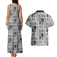 Vintage Aloha Block Quilt Couples Matching Tank Maxi Dress and Hawaiian Shirt Black Inspired Lei Motifs - Polynesian Pride