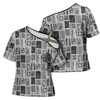 Vintage Aloha Block Quilt Cross Shoulder Shirt Black Inspired Lei Motifs - Polynesian Pride