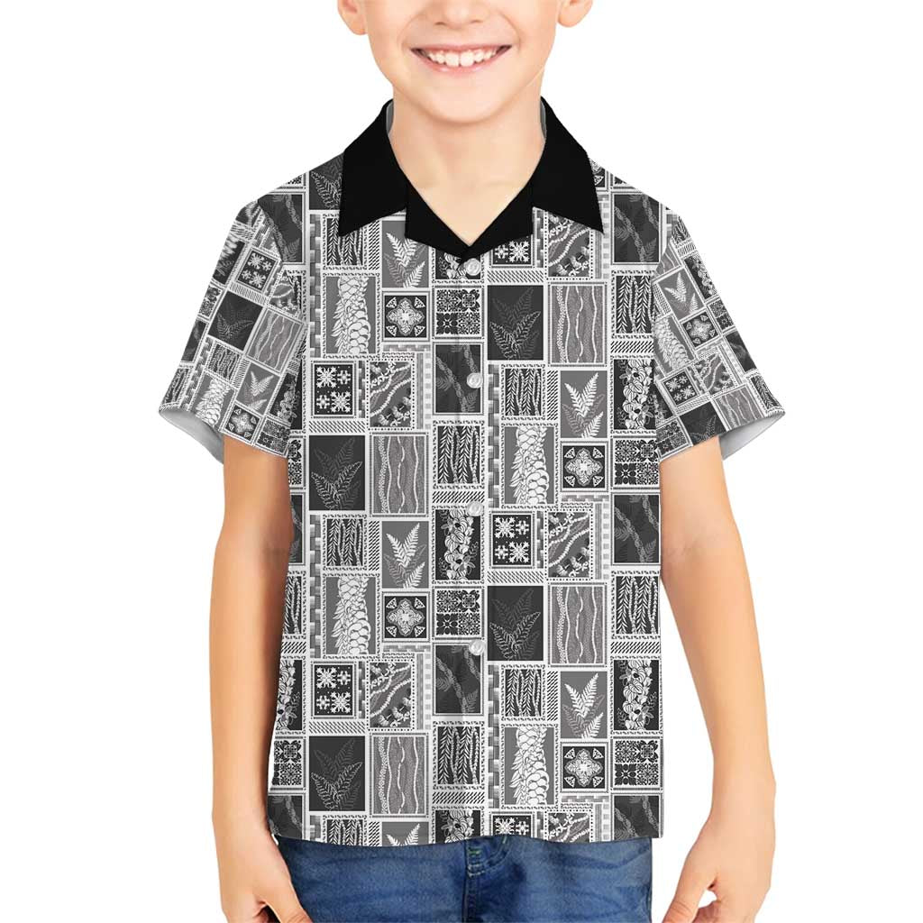 Vintage Aloha Block Quilt Family Matching Long Sleeve Bodycon Dress and Hawaiian Shirt Black Inspired Lei Motifs - Polynesian Pride