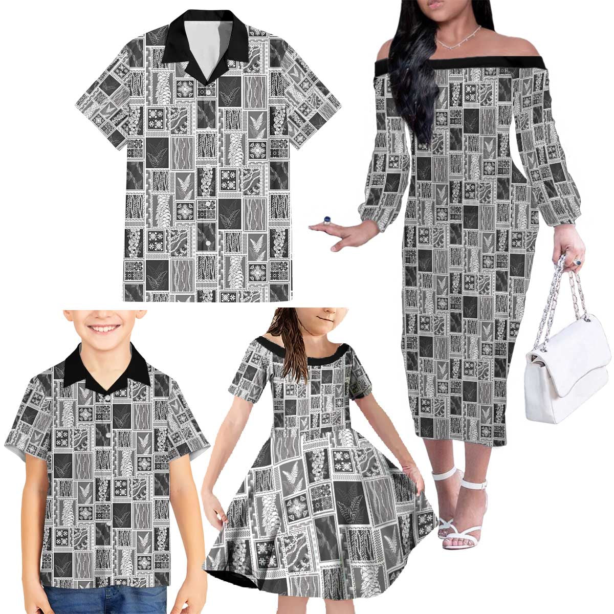 Vintage Aloha Block Quilt Family Matching Off The Shoulder Long Sleeve Dress and Hawaiian Shirt Black Inspired Lei Motifs - Polynesian Pride