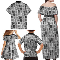Vintage Aloha Block Quilt Family Matching Off Shoulder Maxi Dress and Hawaiian Shirt Black Inspired Lei Motifs - Polynesian Pride