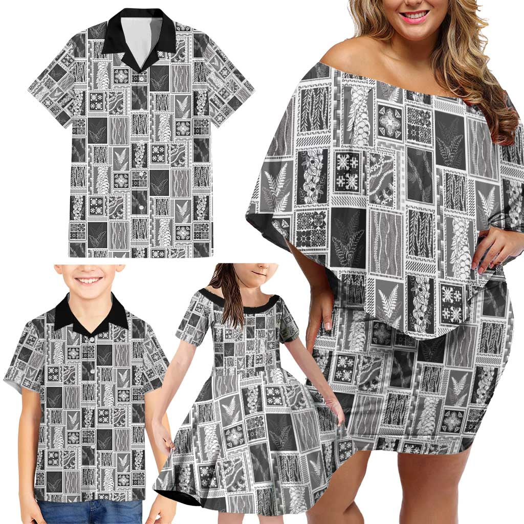 Vintage Aloha Block Quilt Family Matching Off Shoulder Short Dress and Hawaiian Shirt Black Inspired Lei Motifs - Polynesian Pride