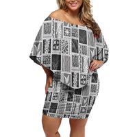 Vintage Aloha Block Quilt Family Matching Off Shoulder Short Dress and Hawaiian Shirt Black Inspired Lei Motifs - Polynesian Pride