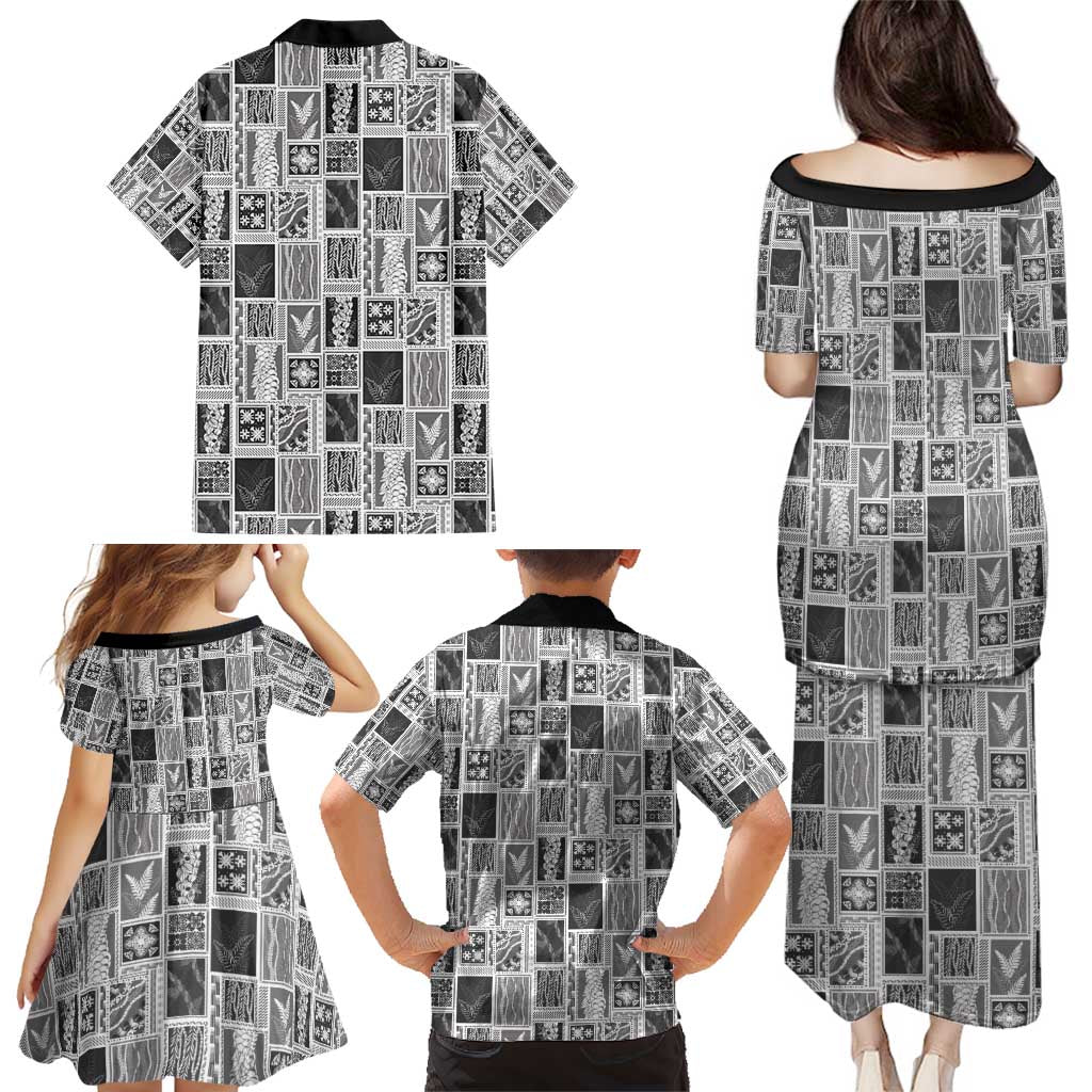 Vintage Aloha Block Quilt Family Matching Puletasi and Hawaiian Shirt Black Inspired Lei Motifs - Polynesian Pride
