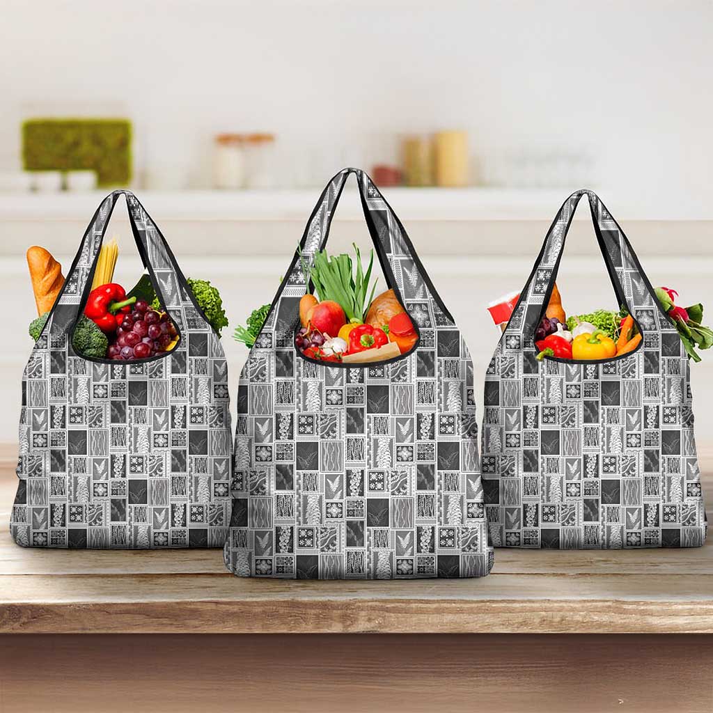 Vintage Aloha Block Quilt Grocery Bag Black Inspired Lei Motifs - Polynesian Pride