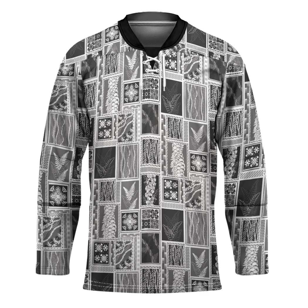 Vintage Aloha Block Quilt Hockey Jersey Black Inspired Lei Motifs - Polynesian Pride
