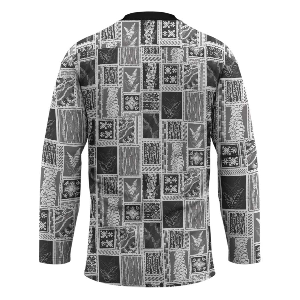 Vintage Aloha Block Quilt Hockey Jersey Black Inspired Lei Motifs - Polynesian Pride