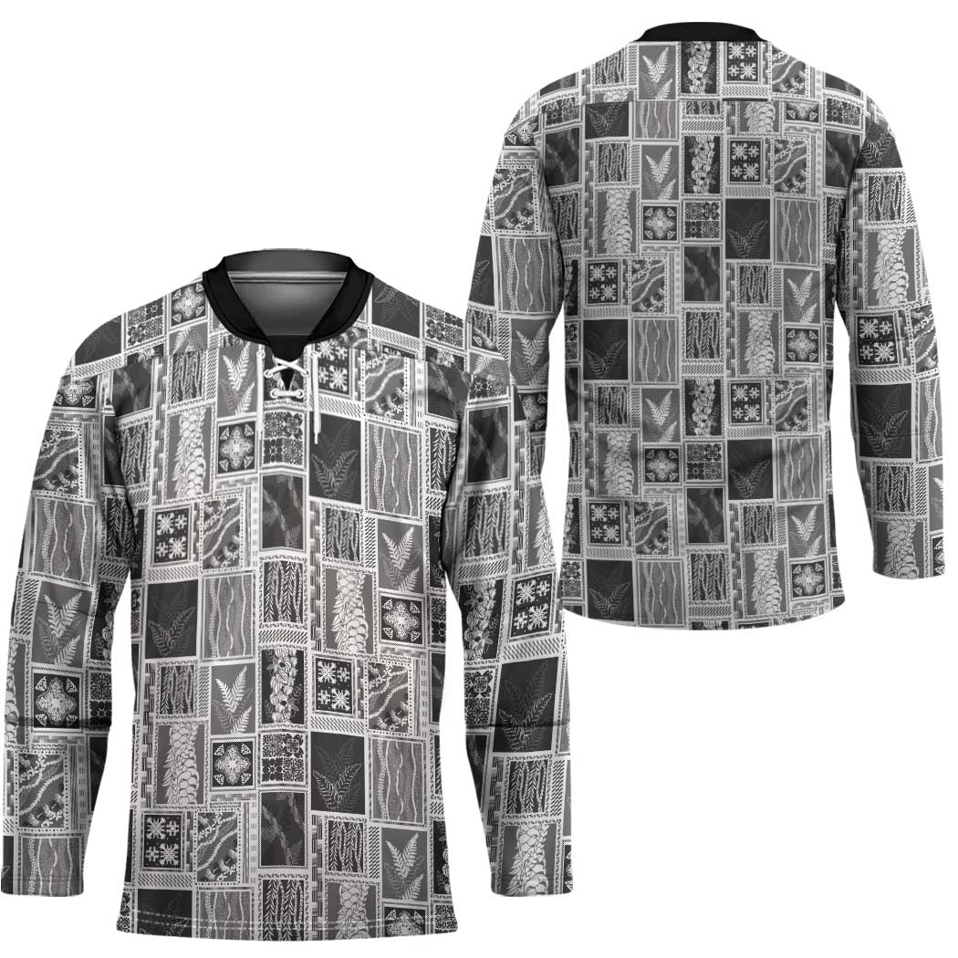 Vintage Aloha Block Quilt Hockey Jersey Black Inspired Lei Motifs - Polynesian Pride