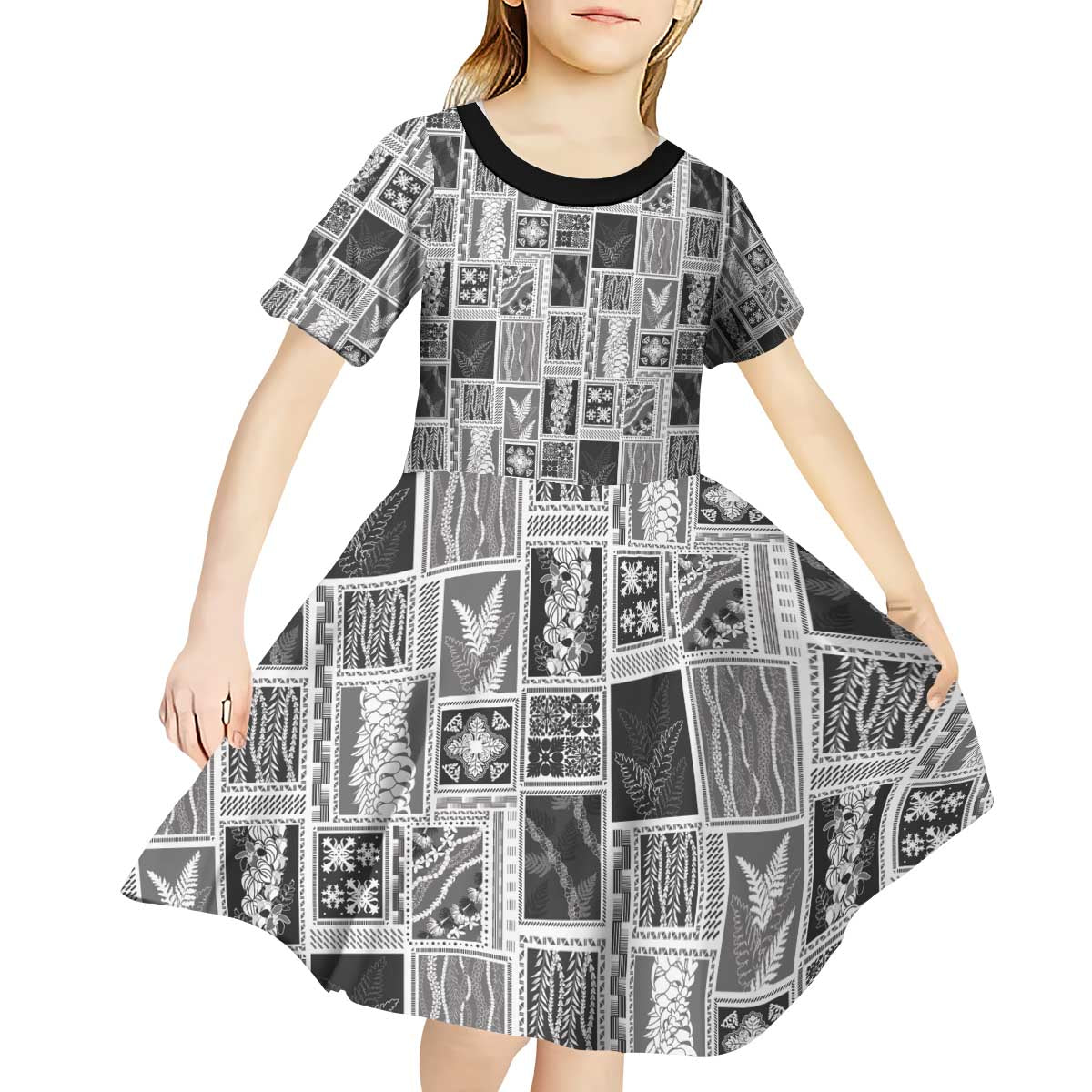 Vintage Aloha Block Quilt Kid Short Sleeve Dress Black Inspired Lei Motifs - Polynesian Pride
