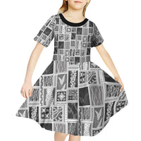 Vintage Aloha Block Quilt Kid Short Sleeve Dress Black Inspired Lei Motifs - Polynesian Pride
