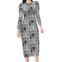 Vintage Aloha Block Quilt Long Sleeve Bodycon Dress Black Inspired Lei Motifs - Polynesian Pride