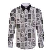 Vintage Aloha Block Quilt Long Sleeve Button Shirt Black Inspired Lei Motifs - Polynesian Pride