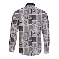 Vintage Aloha Block Quilt Long Sleeve Button Shirt Black Inspired Lei Motifs - Polynesian Pride