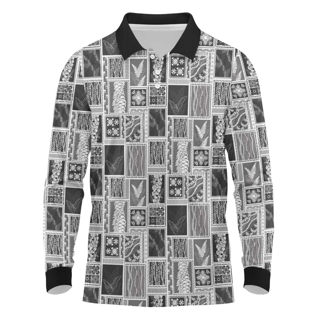 Vintage Aloha Block Quilt Long Sleeve Polo Shirt Black Inspired Lei Motifs - Polynesian Pride
