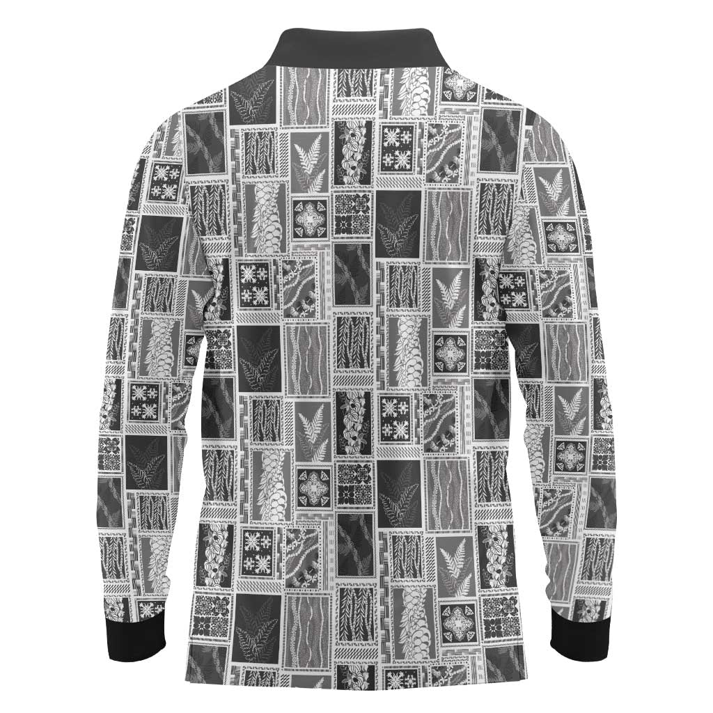 Vintage Aloha Block Quilt Long Sleeve Polo Shirt Black Inspired Lei Motifs - Polynesian Pride