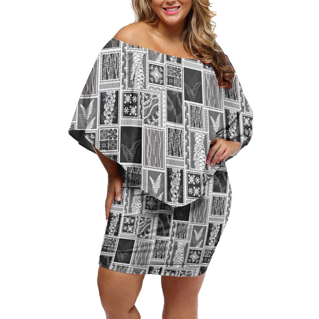 Vintage Aloha Block Quilt Off Shoulder Short Dress Black Inspired Lei Motifs - Polynesian Pride