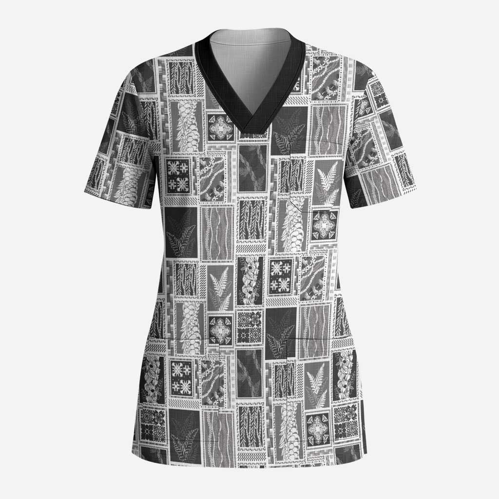 Vintage Aloha Block Quilt Scrub Top Black Inspired Lei Motifs - Polynesian Pride