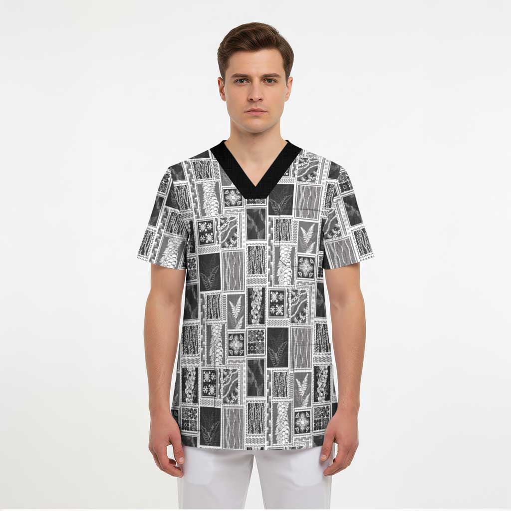 Vintage Aloha Block Quilt Scrub Top Black Inspired Lei Motifs - Polynesian Pride