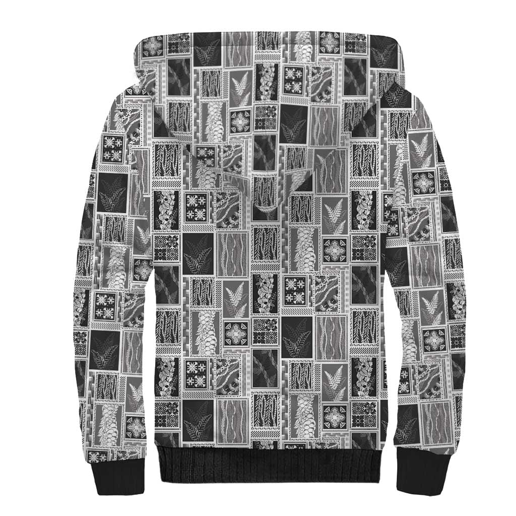 Vintage Aloha Block Quilt Sherpa Hoodie Black Inspired Lei Motifs - Polynesian Pride