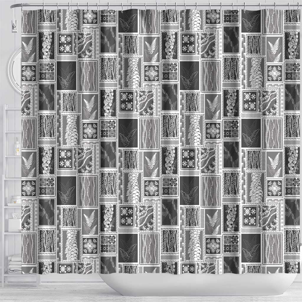 Vintage Aloha Block Quilt Shower Curtain Black Inspired Lei Motifs - Polynesian Pride