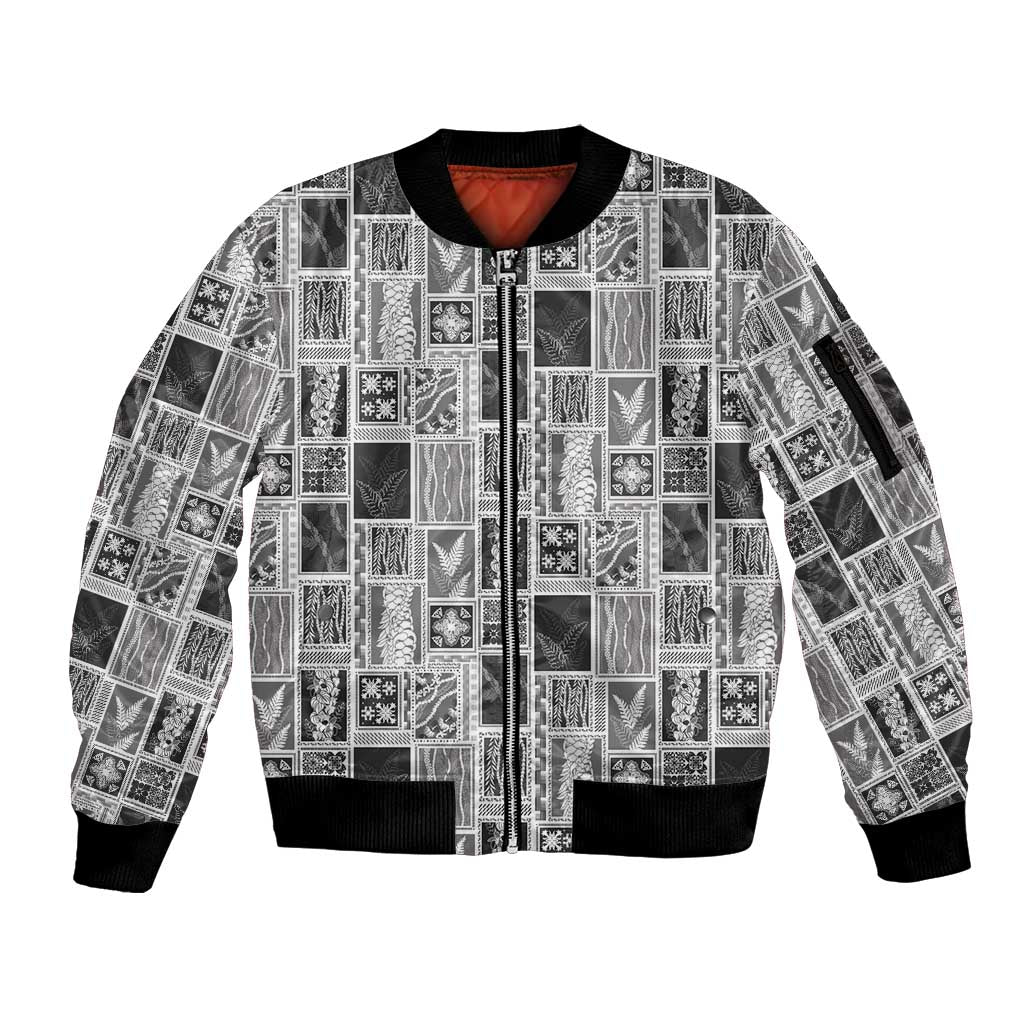 Vintage Aloha Block Quilt Sleeve Zip Bomber Jacket Black Inspired Lei Motifs - Polynesian Pride
