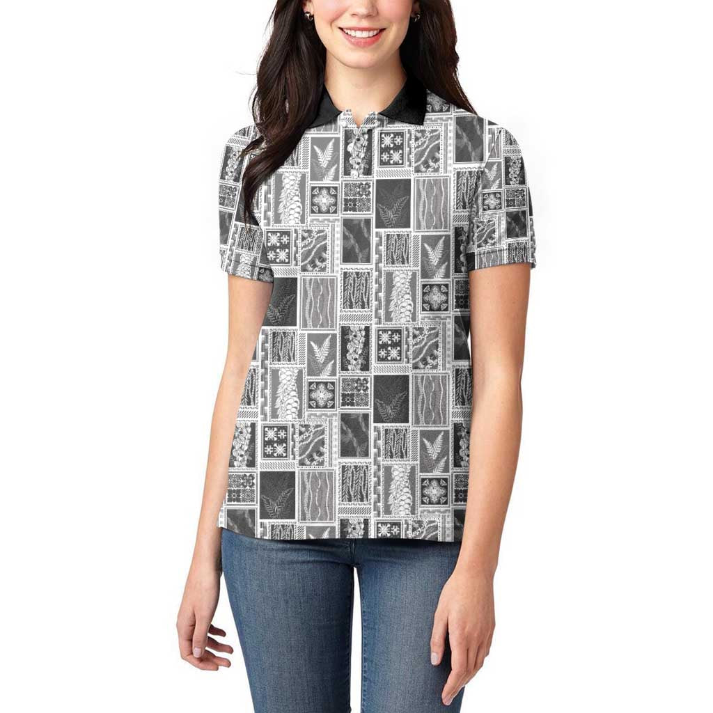 Vintage Aloha Block Quilt Women Polo Shirt Black Inspired Lei Motifs - Polynesian Pride