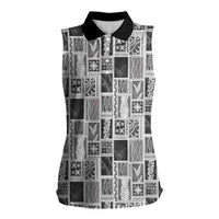 Vintage Aloha Block Quilt Women Sleeveless Polo Shirt Black Inspired Lei Motifs - Polynesian Pride