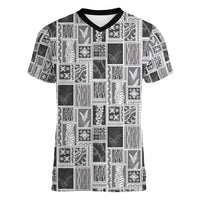 Vintage Aloha Block Quilt Women V-Neck T-Shirt Black Inspired Lei Motifs - Polynesian Pride