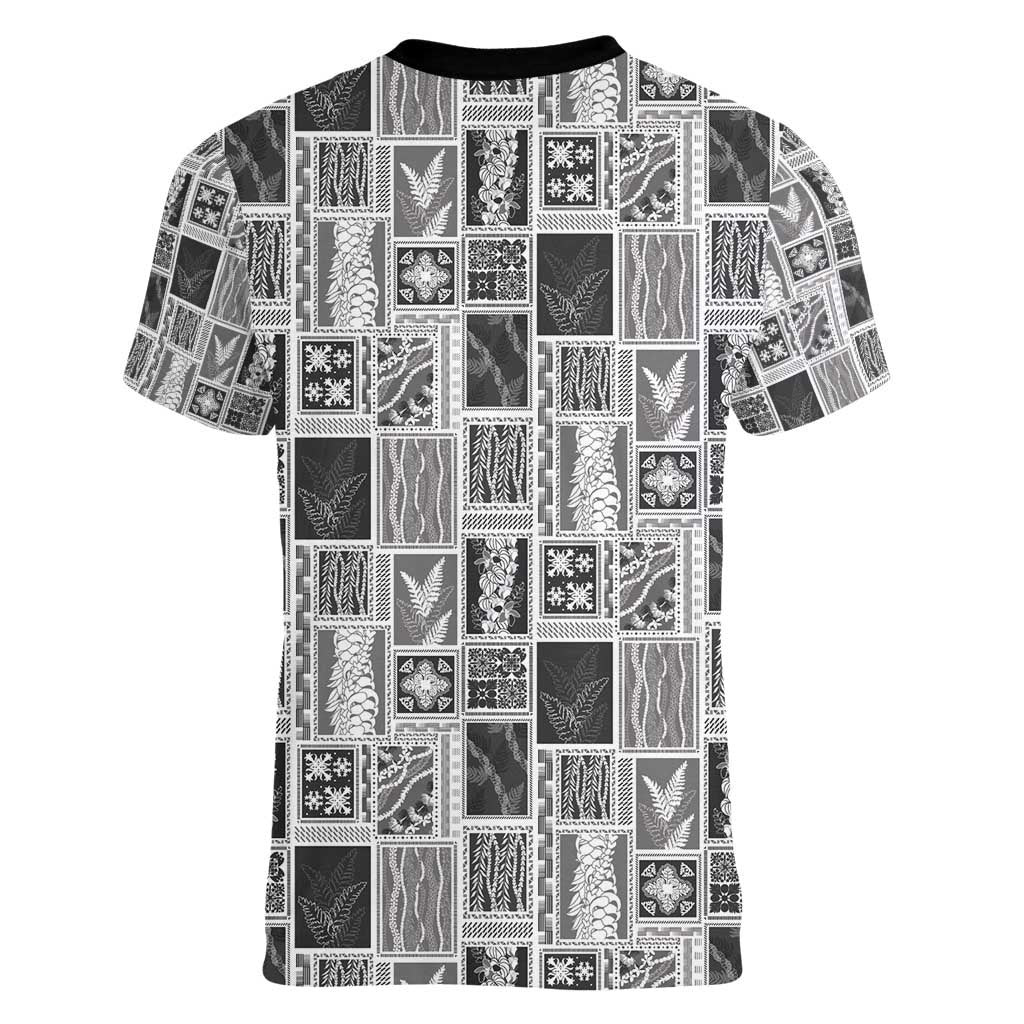 Vintage Aloha Block Quilt Women V-Neck T-Shirt Black Inspired Lei Motifs - Polynesian Pride