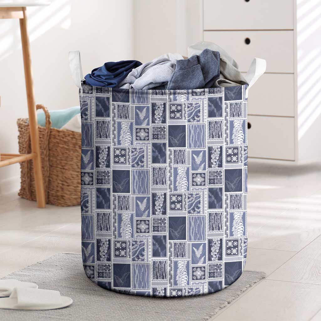 Vintage Aloha Block Quilt Laundry Basket Blue Inspired Lei Motifs - Polynesian Pride