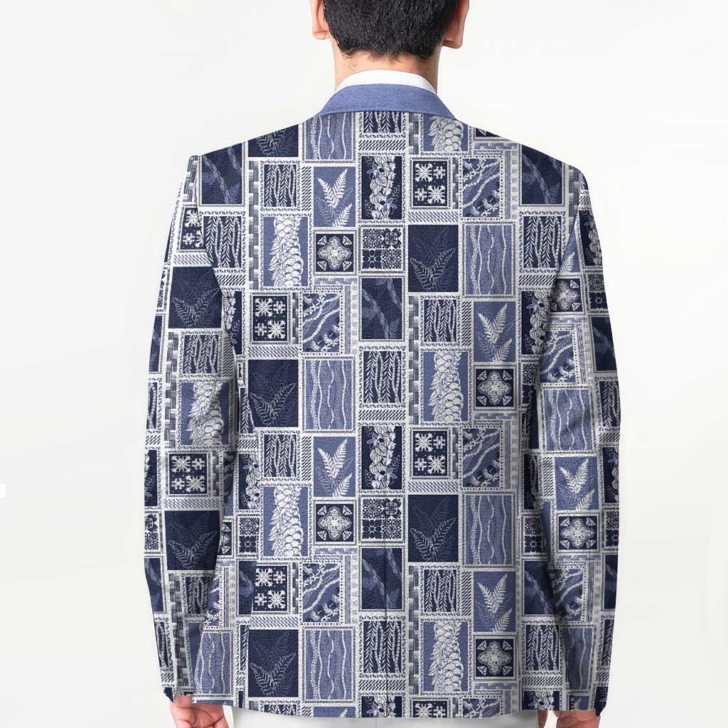 Vintage Aloha Block Quilt Blazer Blue Inspired Lei Motifs - Polynesian Pride