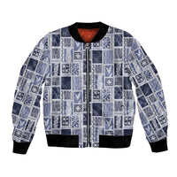 Vintage Aloha Block Quilt Bomber Jacket Blue Inspired Lei Motifs - Polynesian Pride