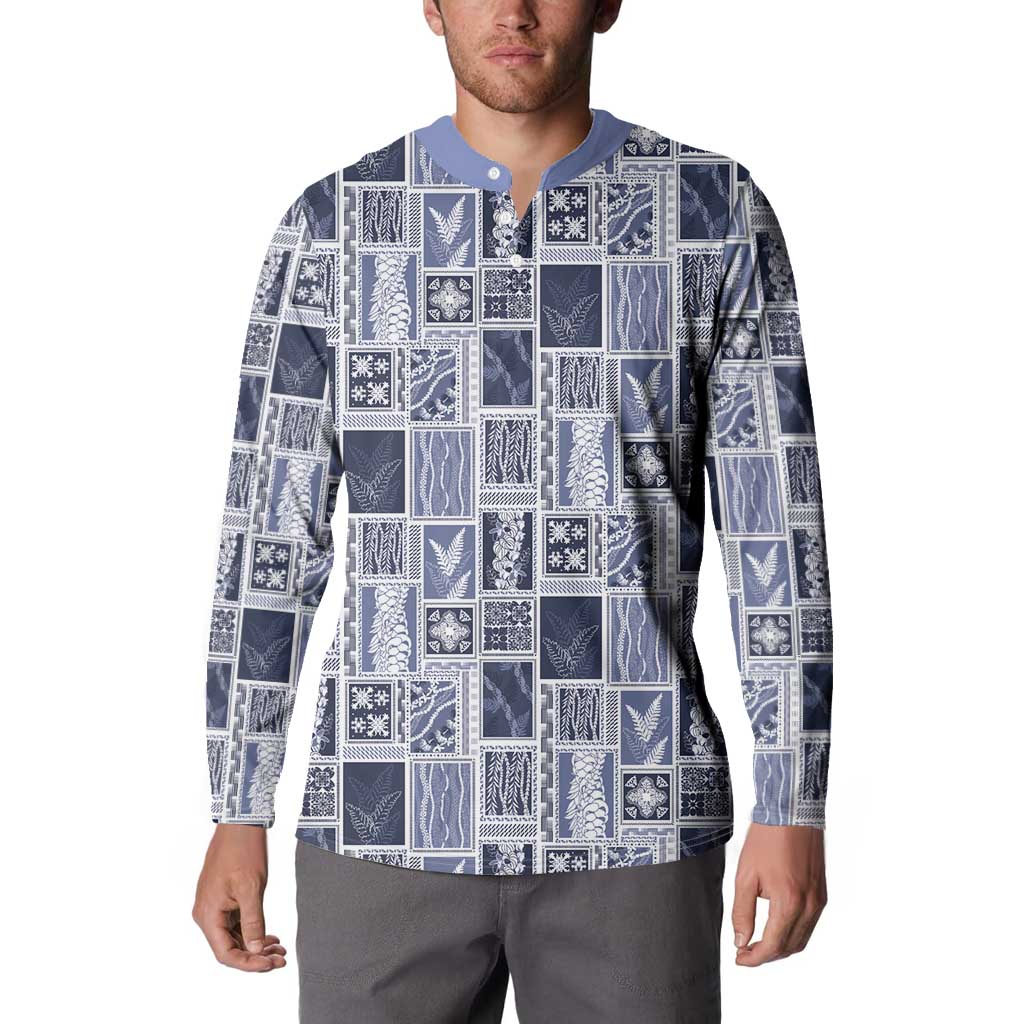 Vintage Aloha Block Quilt Button Sweatshirt Blue Inspired Lei Motifs - Polynesian Pride