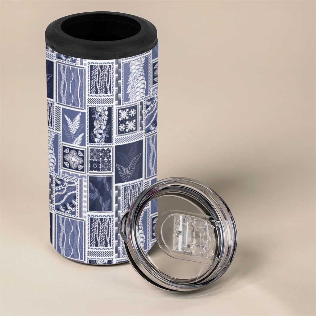 Vintage Aloha Block Quilt 4 in 1 Can Cooler Tumbler Blue Inspired Lei Motifs - Polynesian Pride